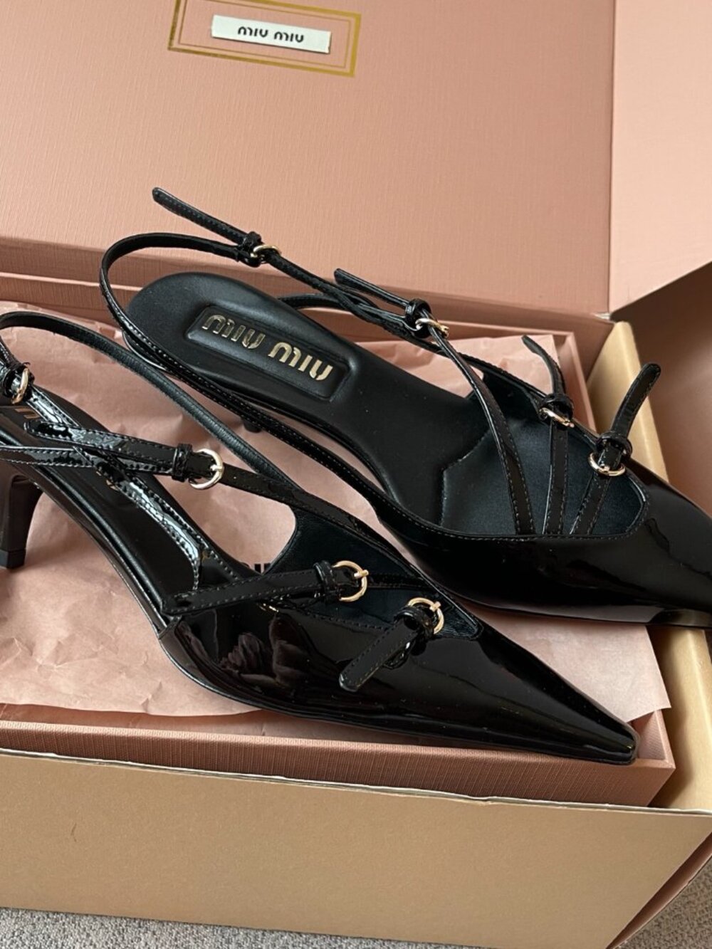 Miu Miu Patent Leather Strappy Pointed-Toe Open-Back High-Heeled Sandals - Picture 6 of 8
